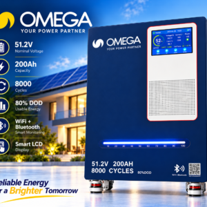 Omega 51.2V 200Ah LiFePO4 floor-standing battery, 8000 cycles, 80% DOD, WiFi and Bluetooth smart monitoring, smart LCD display