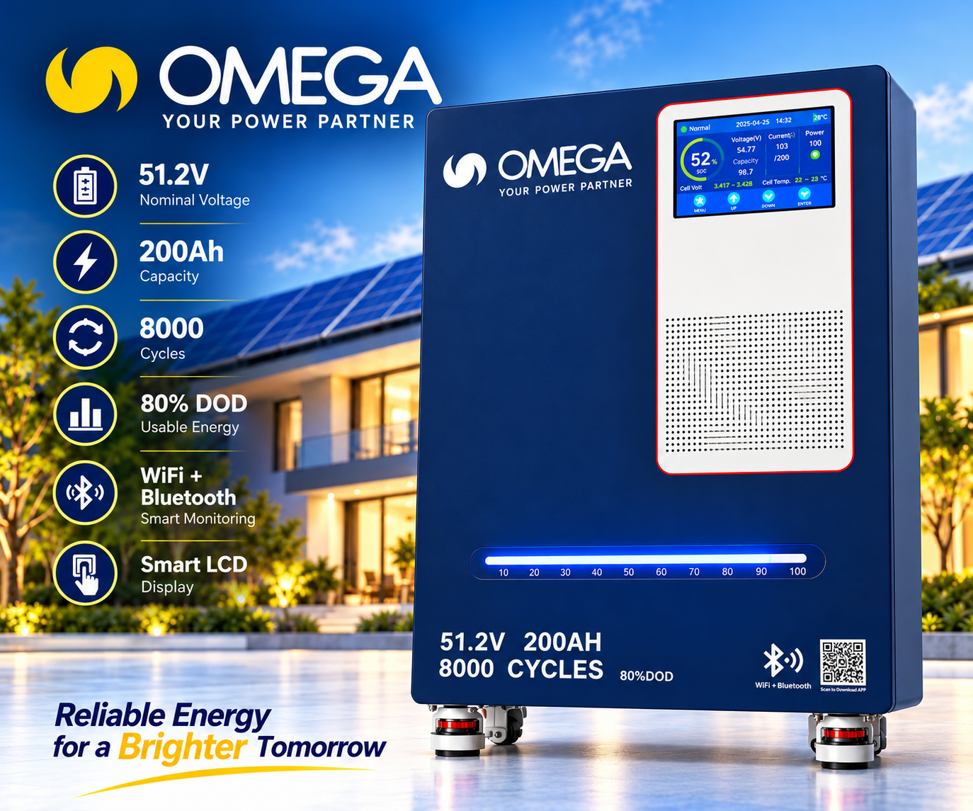 Omega 51.2V 200Ah LiFePO4 Battery - 8000 Cycles Omega 51.2V 200Ah LiFePO4 floor-standing battery, 8000 cycles, 80% DOD, WiFi and Bluetooth smart monitoring, smart LCD display