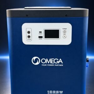 Omega ESS 1000W 2kWh portable power station, blue unit with OMEGA logo, control panel with display, 12VDC and 5VDC ports