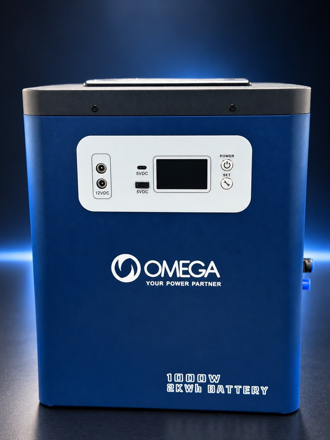 Omega ESS 1000W / 2kWh Portable Power Station Omega ESS 1000W 2kWh portable power station, blue unit with OMEGA logo, control panel with display, 12VDC and 5VDC ports